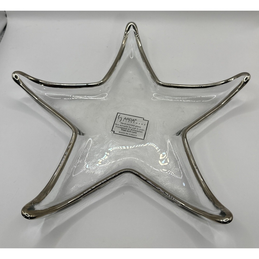 ARDA Glassware  Star Shape Clear Appetizer Snack Plate w/Handpainted Silver Edge